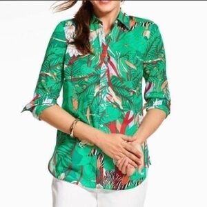 NWOT TALBOTS Green Print Peaceful Jungle Animal Safari Tab Sleeve Button Top XS